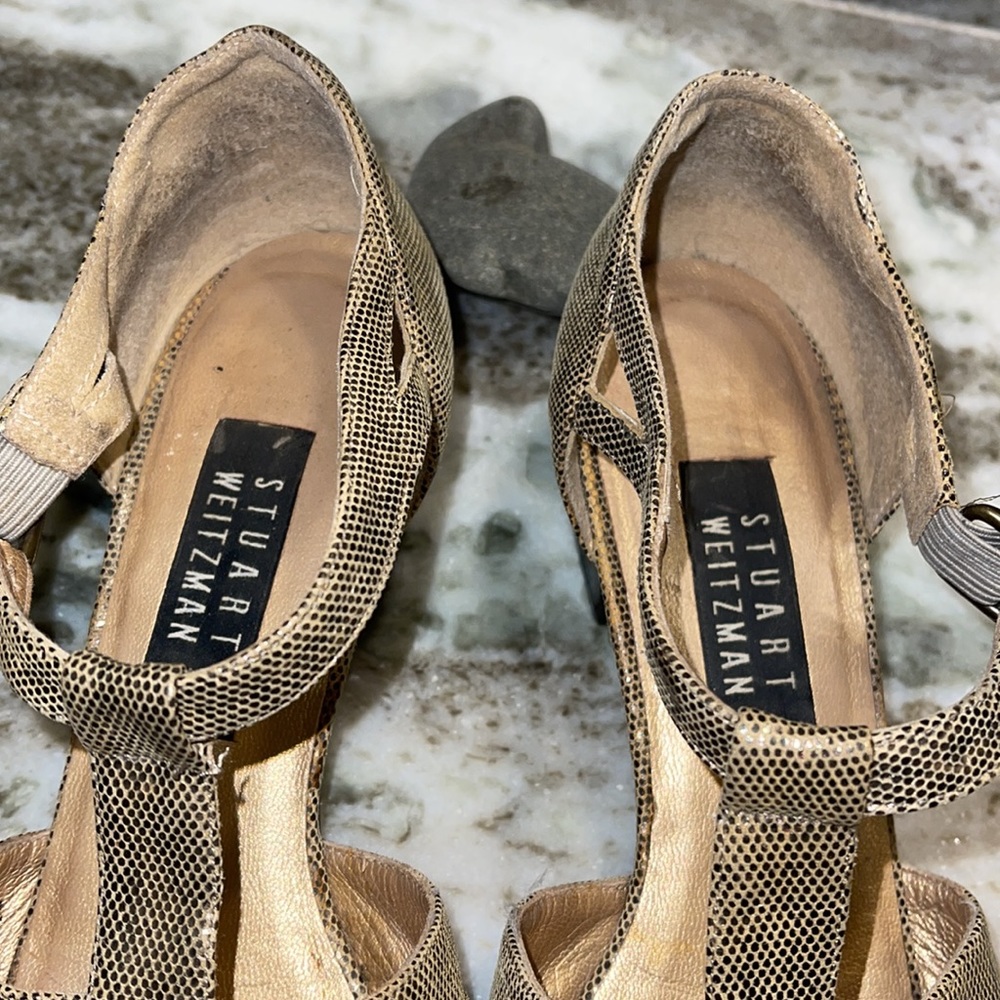STUART WEITZMAN Leather Metallic T-Strap Sandals 8.5A - Picture 4 of 14